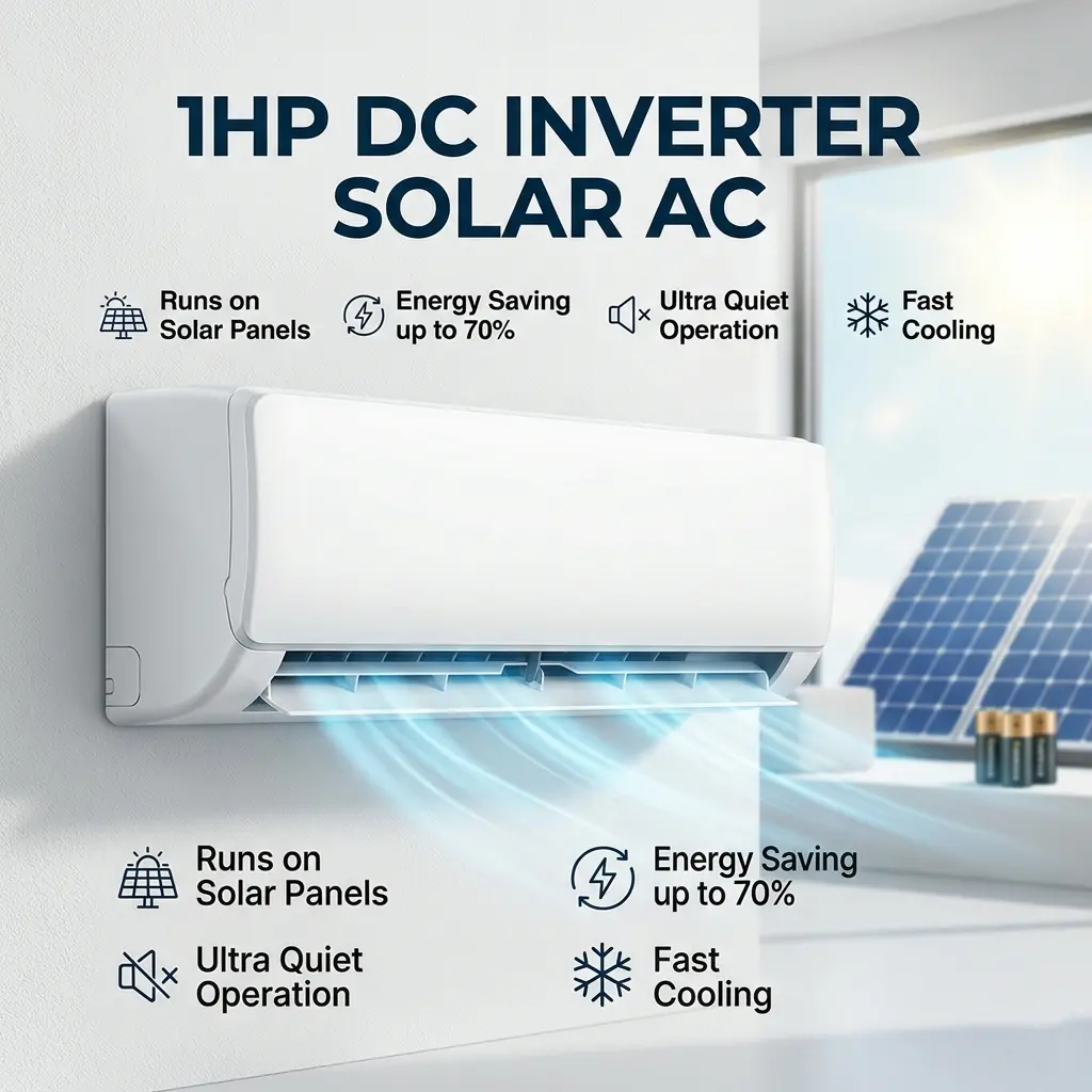 1HP 12,000 BTU DC inverter solar air conditioner — ultra-quiet, eco-friendly R410A refrigerant, operates up to 50°C. Best 1HP solar AC price in Nigeria for small bedrooms and offices. Lagos stock available.