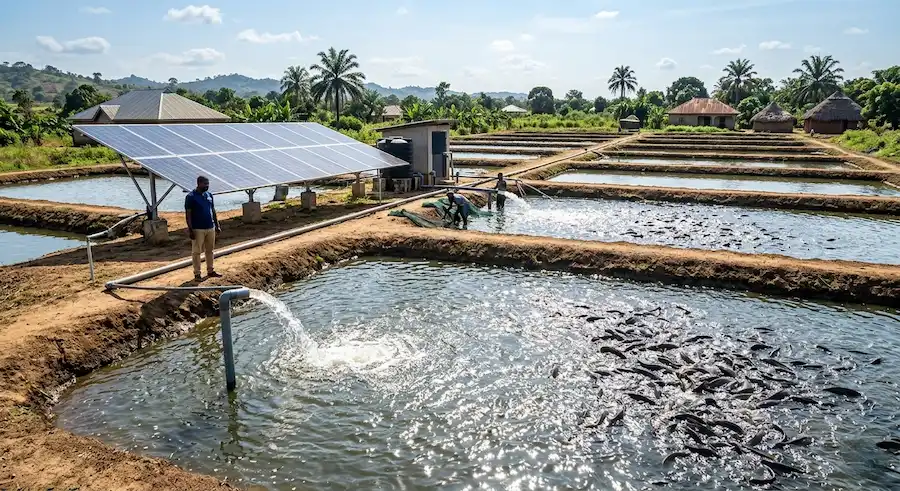 Solar water pump Nigeria — catfish farm using solar system for pond water quality