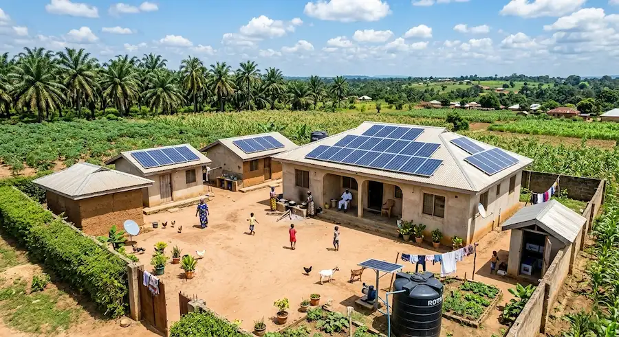 Off-grid residential solar Nigeria — rural family compound with solar