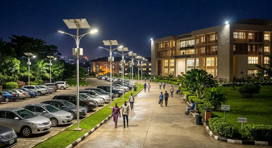Solar street lights Nigeria — campus trails and parking lots safely lit