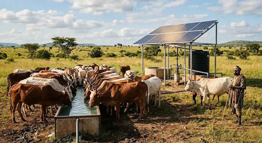 Solar water pump Nigeria — livestock drinking clean water from solar-powered system