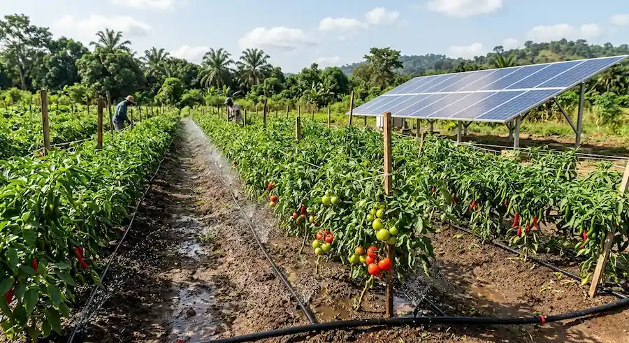 Solar irrigation pump Nigeria — vegetable farm drip irrigation for tomatoes and peppers