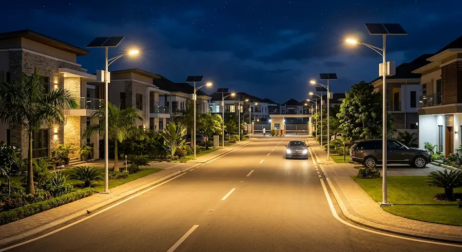 Community solar street lights Nigeria — modern gated community with illuminated inner roads