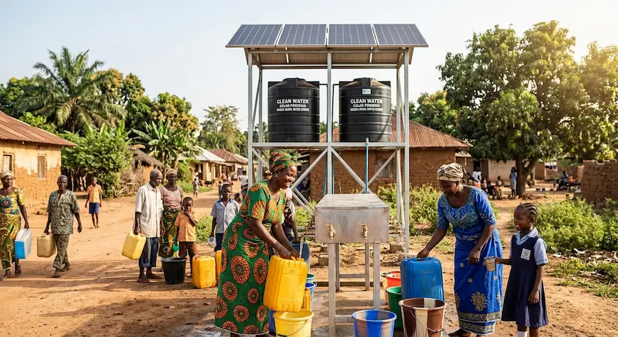 Solar borehole pump Nigeria — rural community water station with clean drinking water
