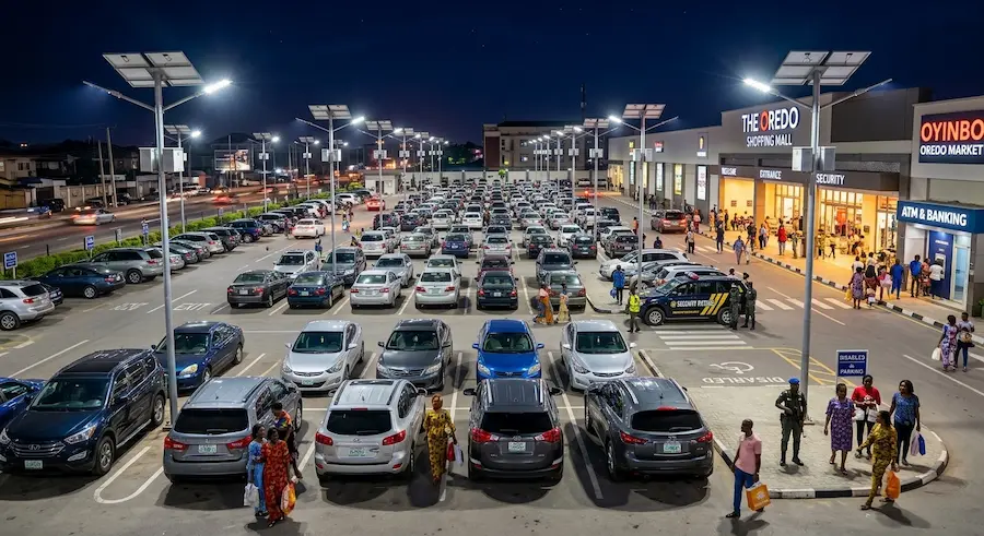 Commercial solar lighting Nigeria — shopping mall car park illuminated by high-power lights
