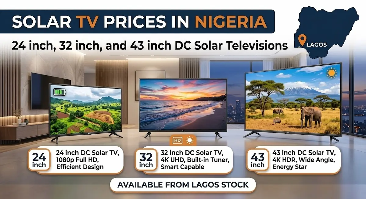 Solar TV price in Nigeria — 24 inch, 32 inch, and 43 inch DC solar televisions