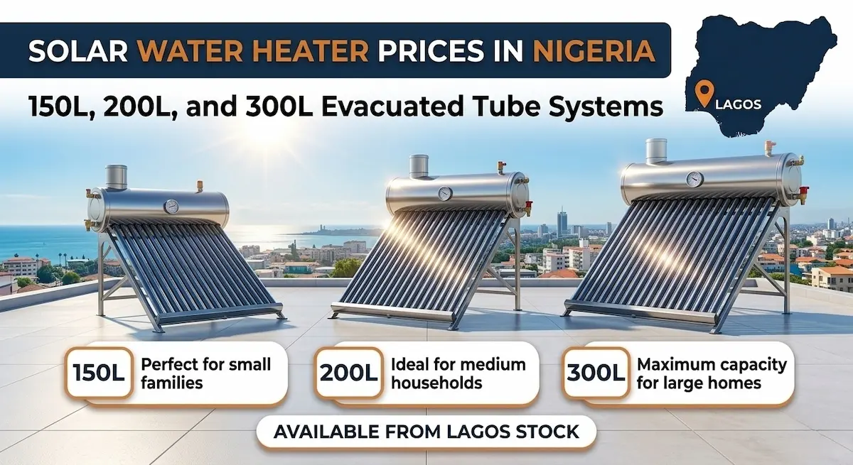 Solar water heater price in Nigeria — 150L, 200L, and 300L evacuated tube systems