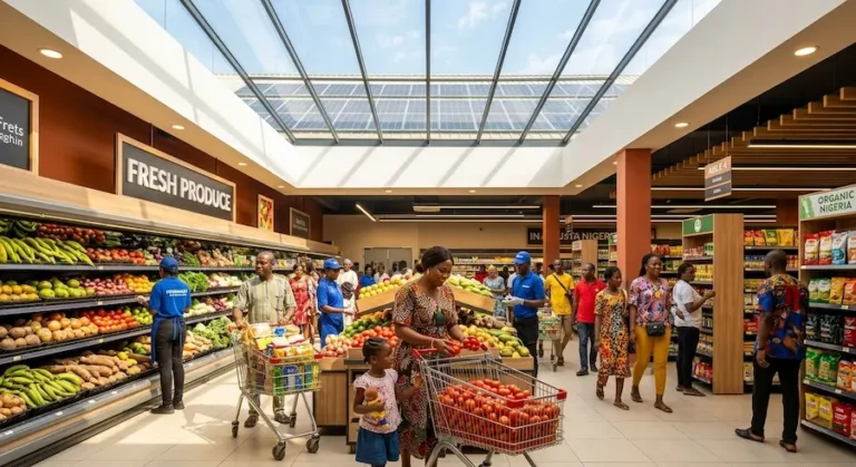 A modern Nigerian supermarket powered by solar energy, customers shop under bright LED lights