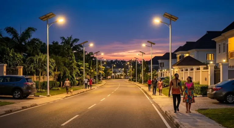 In the evening, in Nigerian residential communities, solar street lights illuminate the neat streets, and residents are walking