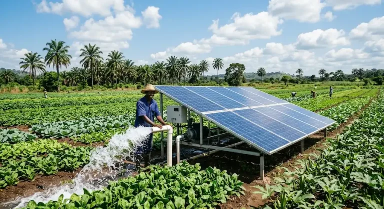 Nigerian farms use solar pump systems for irrigation, and clean water irrigates green vegetable fields