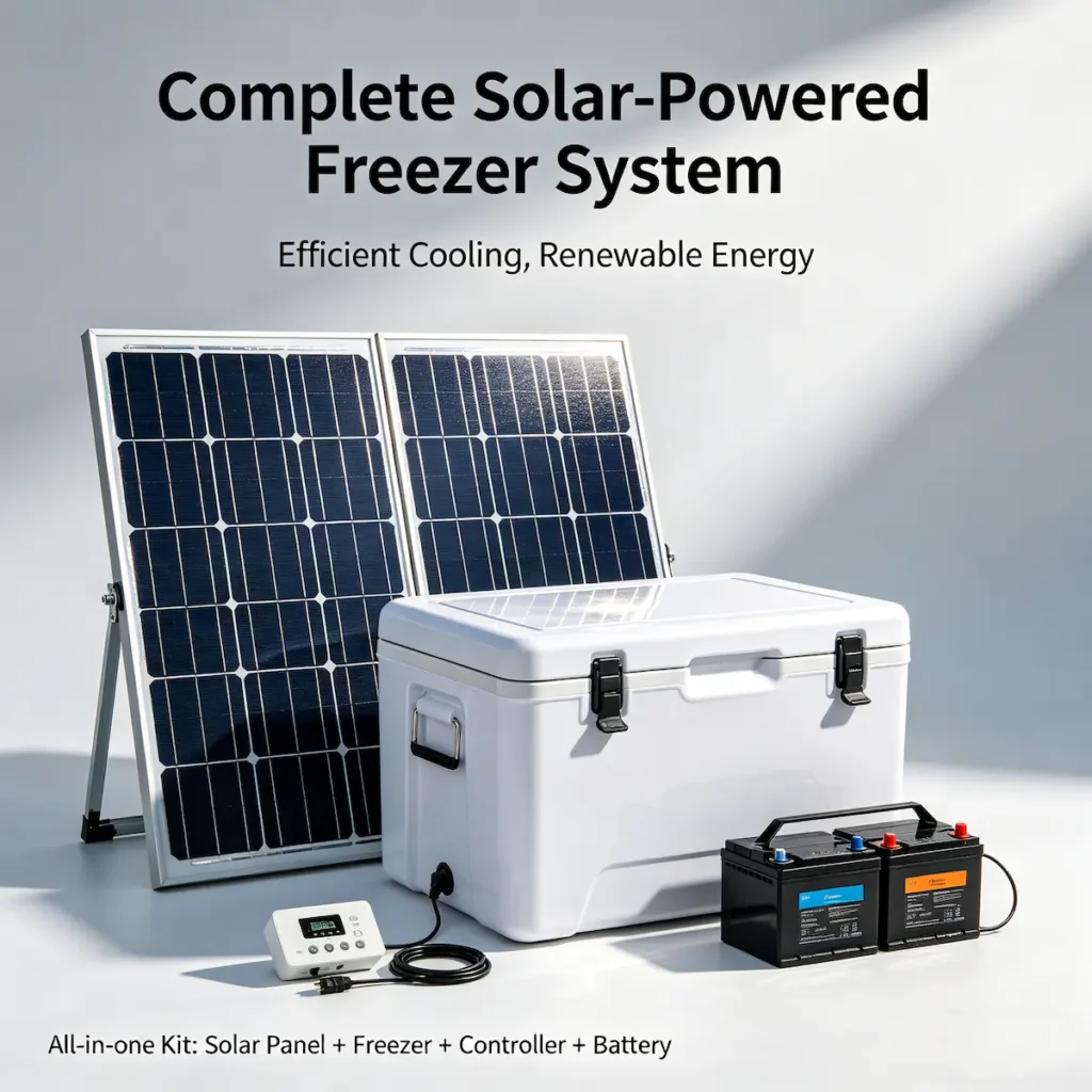 Solar freezer complete system bundle Nigeria — freezer, panels, and battery