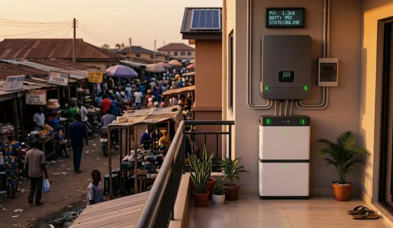 Solar inverter and battery on Nigerian home balcony