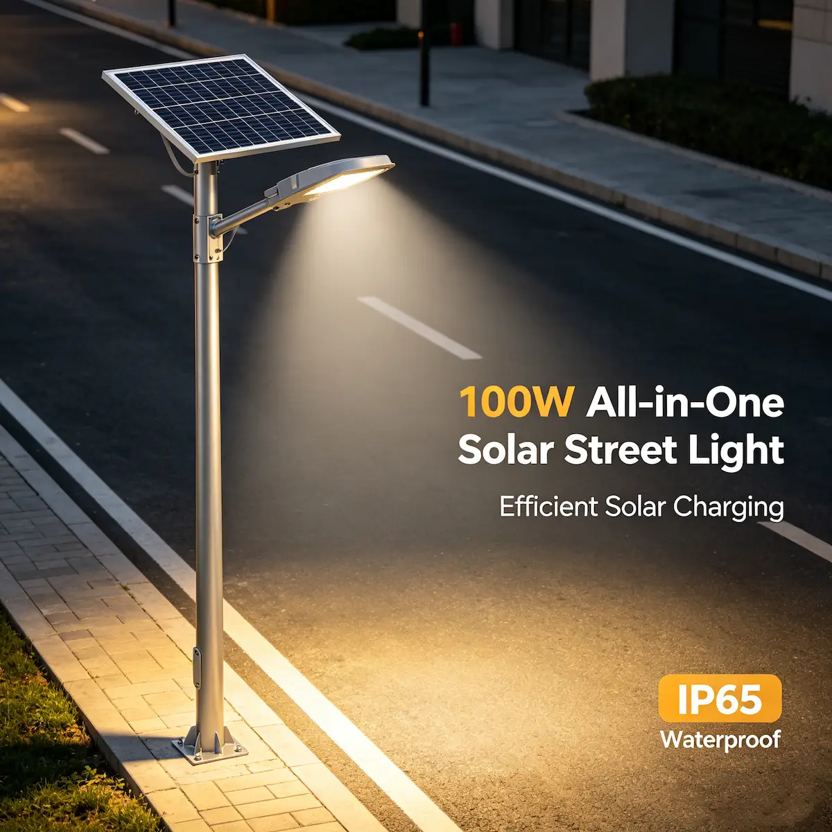 100W all-in-one solar street light: integrated solar LED street light with 10,500 lumens, IP65 waterproof, and radar sensor for African main roads and commercial areas
