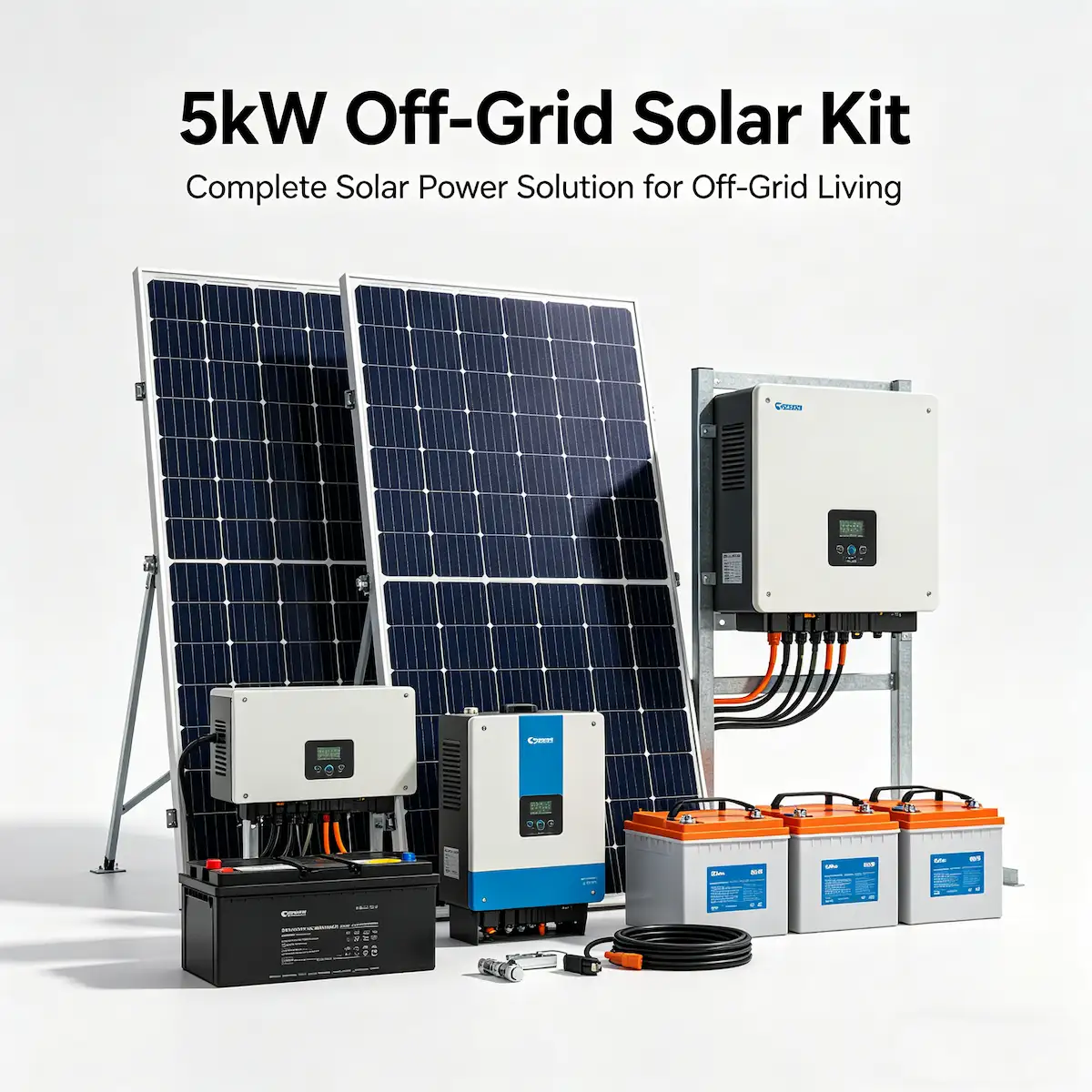 5kW Off-Grid Solar Kit Africa: Complete solar panel kit with 10 panels, hybrid inverter, and 9.6kWh batteries for 3-bedroom homes across Africa
