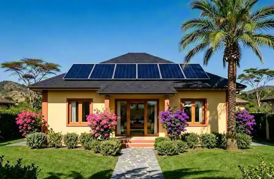 Off-grid solar for African homes: suburban family house with rooftop solar panels powering full household appliances