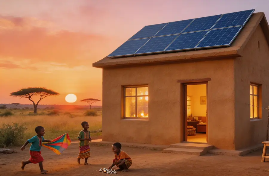 Home solar power Africa: African family home with rooftop solar panels providing clean, quiet electricity for off-grid and backup power