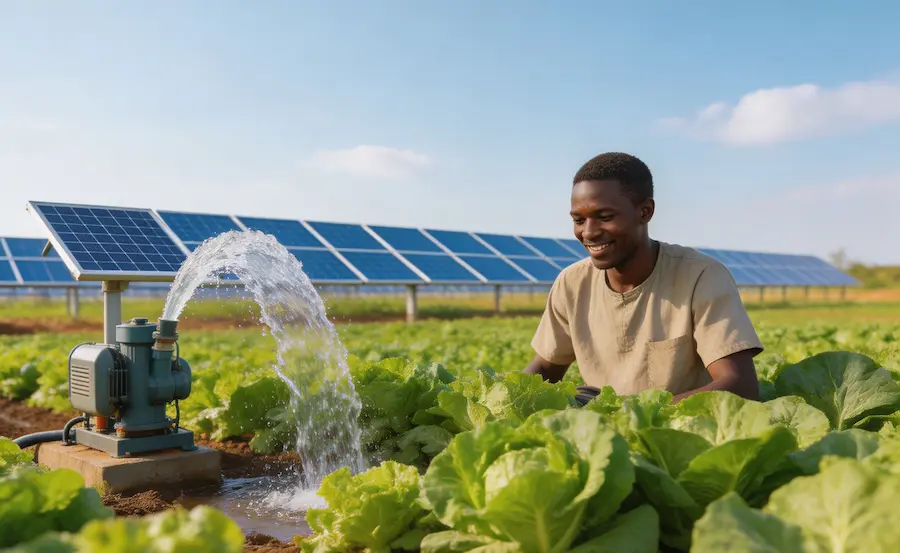 Agricultural solar solutions Africa: solar water pump for farm Africa irrigates vegetable crops with clean, free energy — replacing expensive diesel pumps