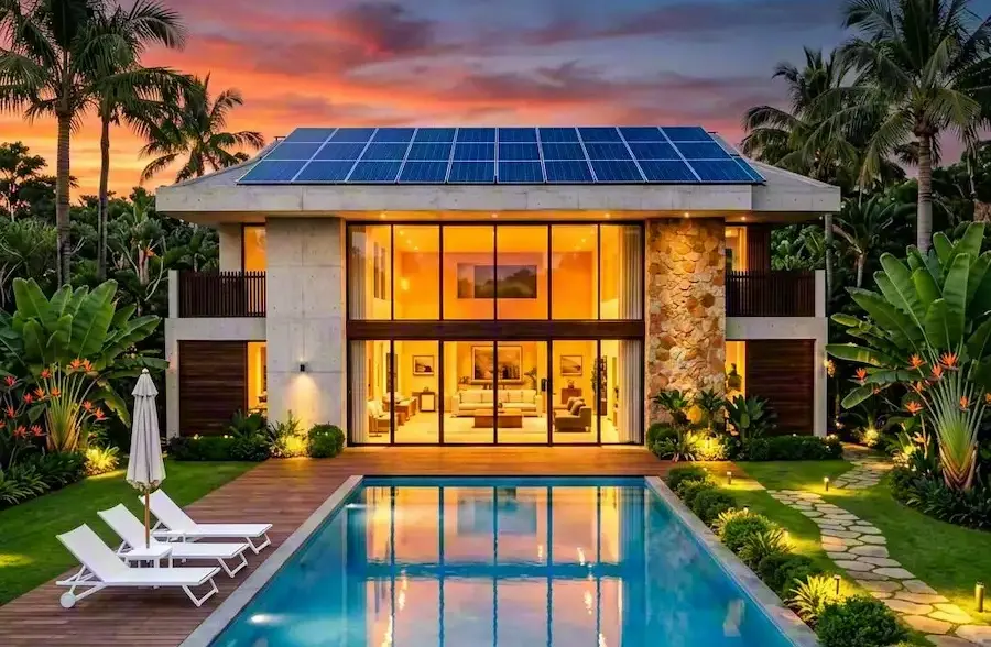 Residential solar solutions Africa: luxury villa with extensive solar panel array achieving complete energy independence