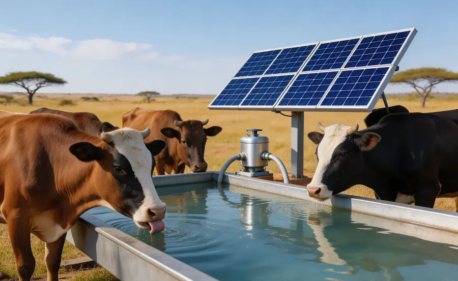 Solar water pump for farm Africa: livestock drinking water supplied by agricultural solar solutions Africa on a ranch