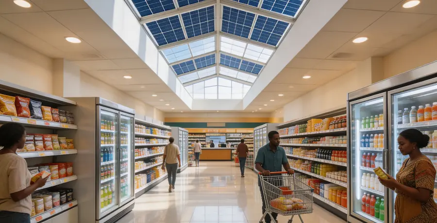 Business solar power systems Africa: supermarket with commercial solar installation Africa keeping lighting and refrigeration running 24/7
