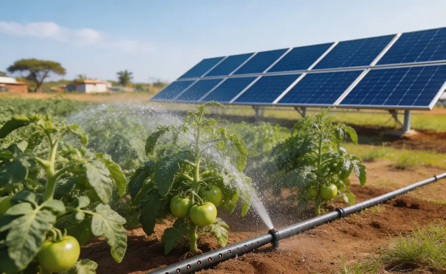 Solar irrigation Africa: drip irrigation system powered by agricultural solar solutions Africa on a vegetable farm