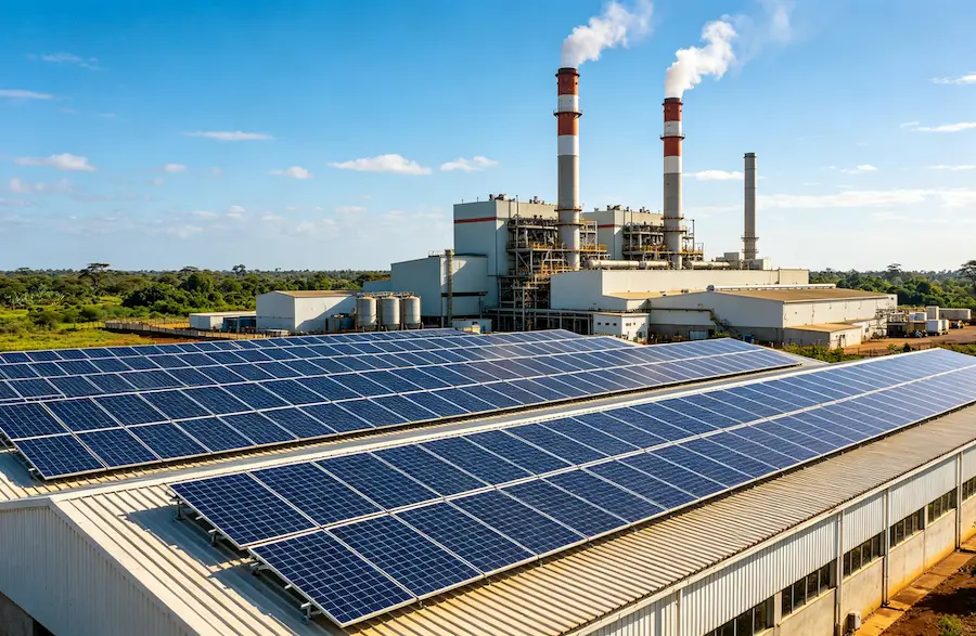 Commercial solar systems Africa: large-scale solar panel installation on African factory rooftop providing clean industrial power and reducing diesel dependency