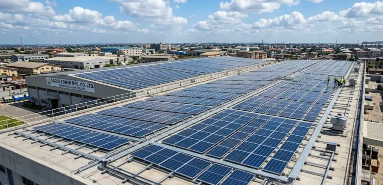 Panoramic view of the 500kW solar system on the roof of the Lagos factory