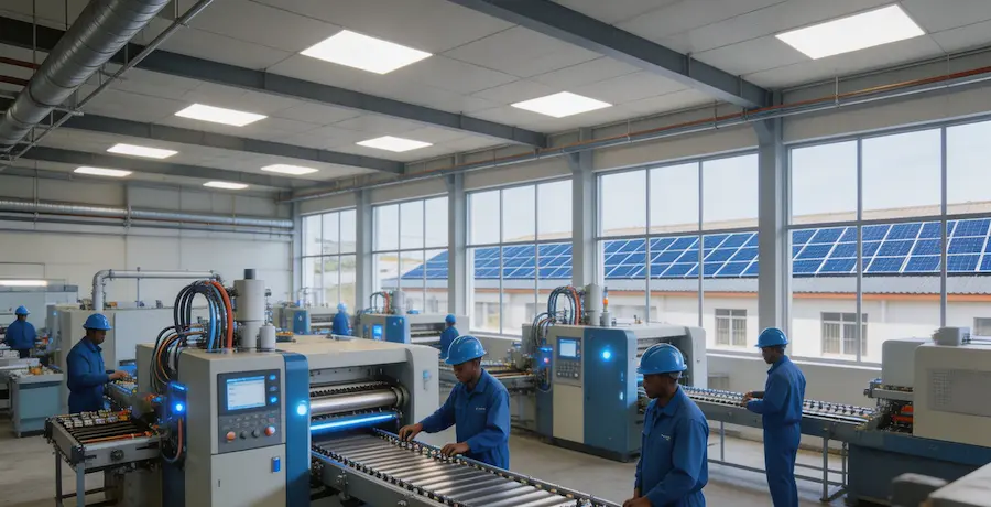 Solar for factory Africa: manufacturing plant with commercial solar installation Africa powering heavy machinery and production lines with clean energy