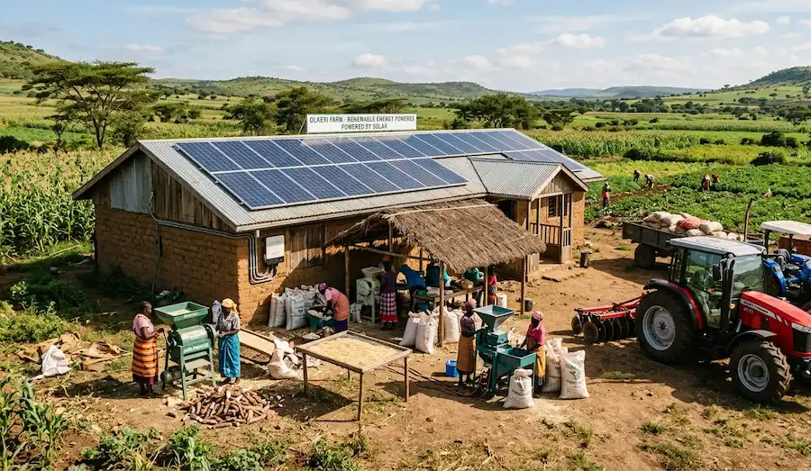 Farm solar electrification Africa solar panels on farm building roof providing electricity for agricultural operations