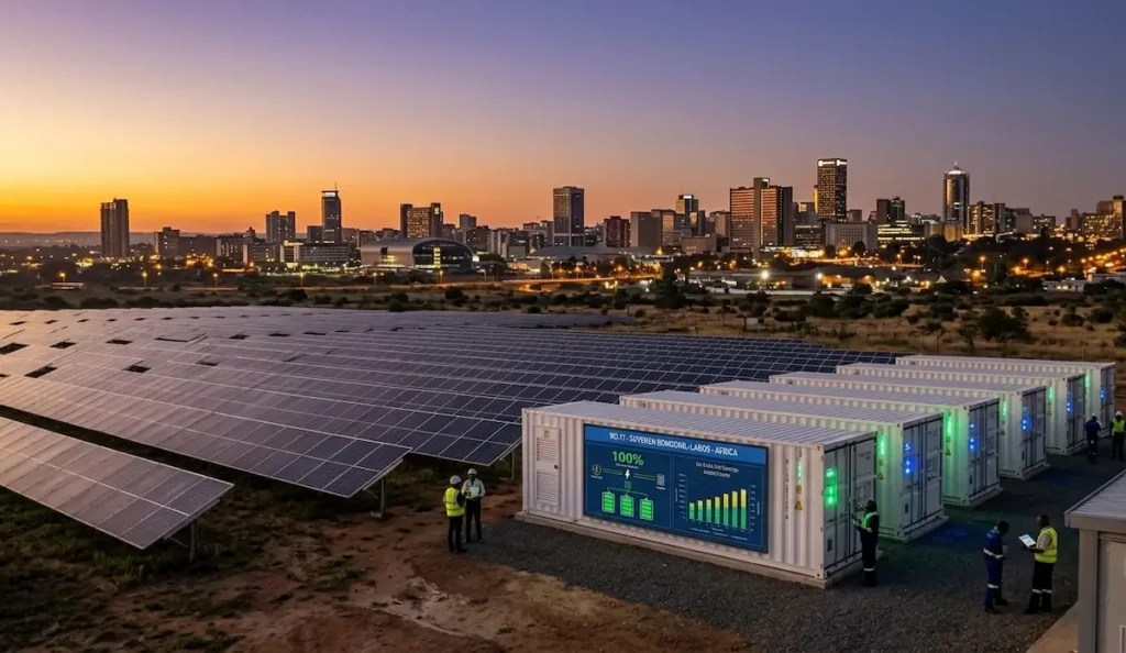 Solar plus storage Africa system powering a city grid at dusk