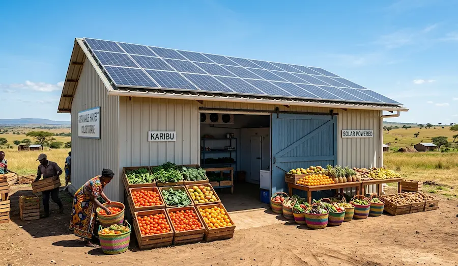 Solar powered cold storage Africa solar panels on cold room roof at an African farm, fresh produce ready for storage