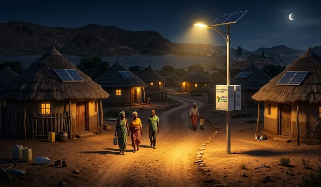 Solar streetlight with battery storage lighting a rural African village at night